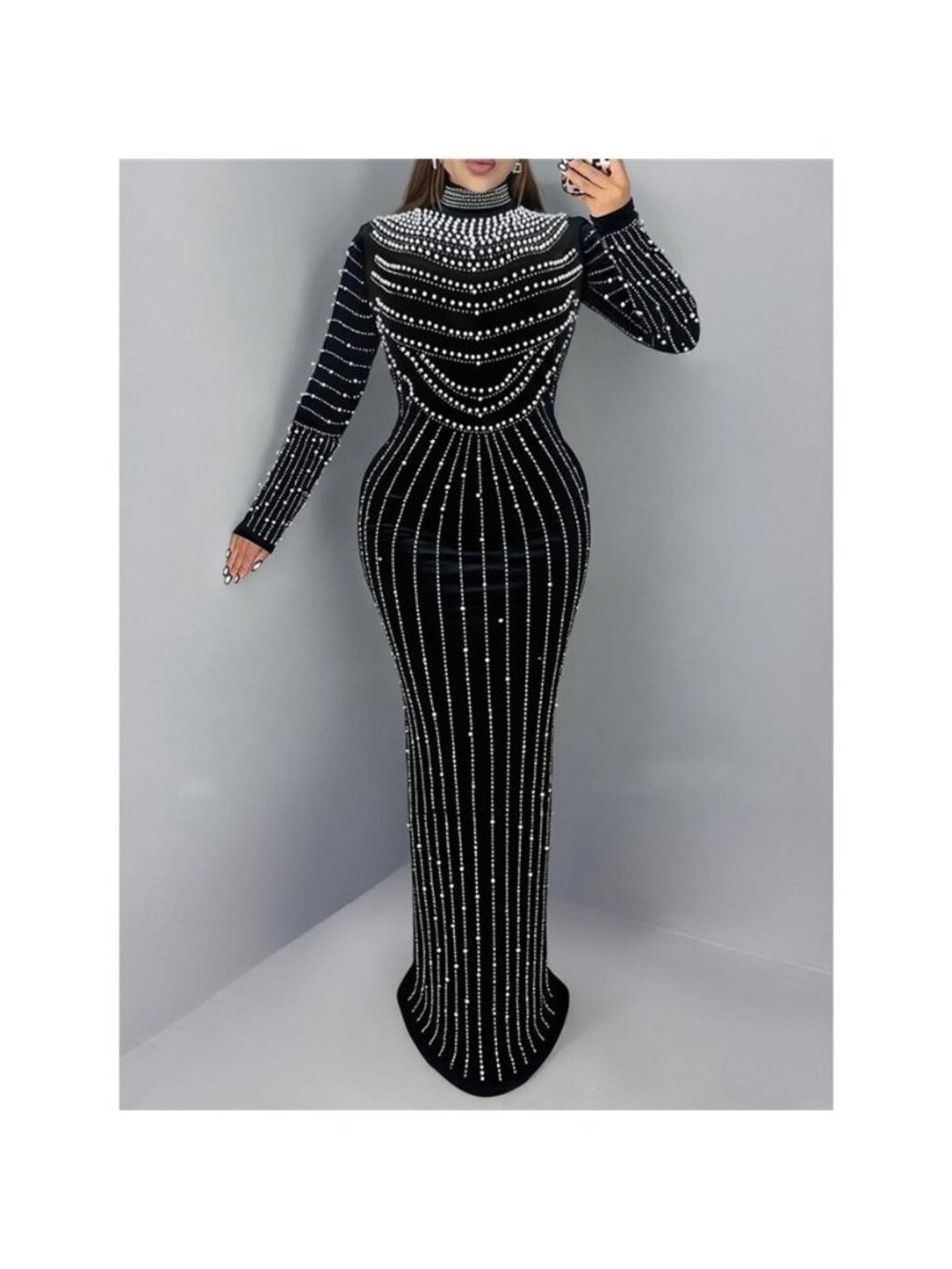 Rhinestone Embellished Mock Neck Long Sleeve Maxi Dress